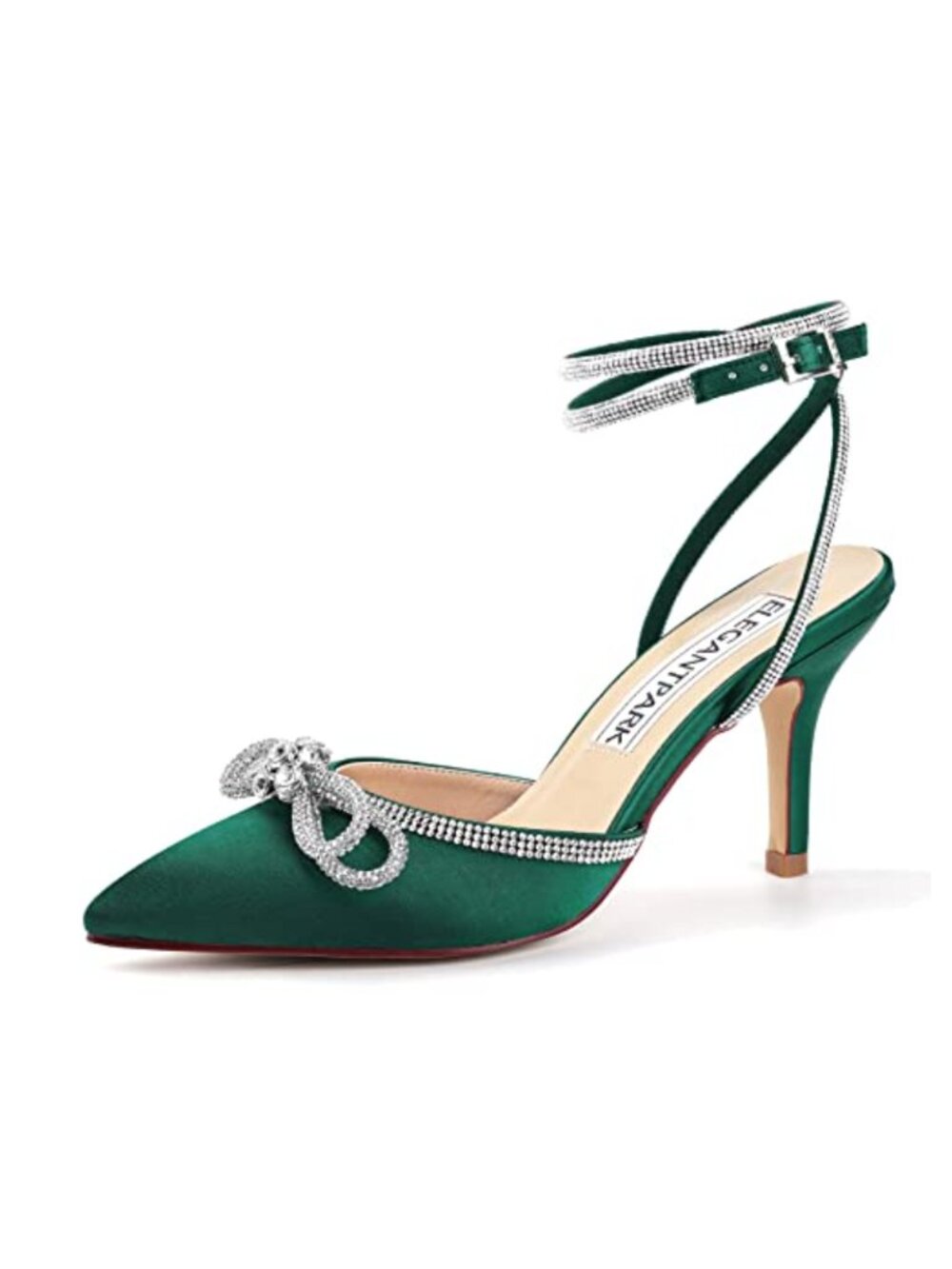 Elegantpark Satin Rhinestone Bow Pointed Toe Stiletto Heels